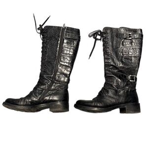 Y2K 10.5 Black Genuine Crocodile Leather Embossed Women's Lace Up Boots